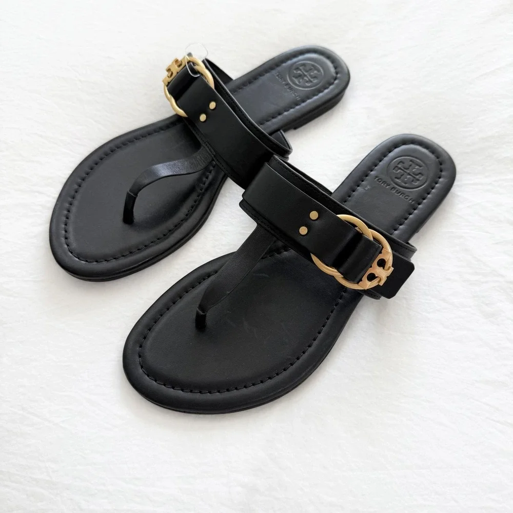 Tory Burch Marsden Black Leather Gold Logo Flat Thong Sandals Size 6.5